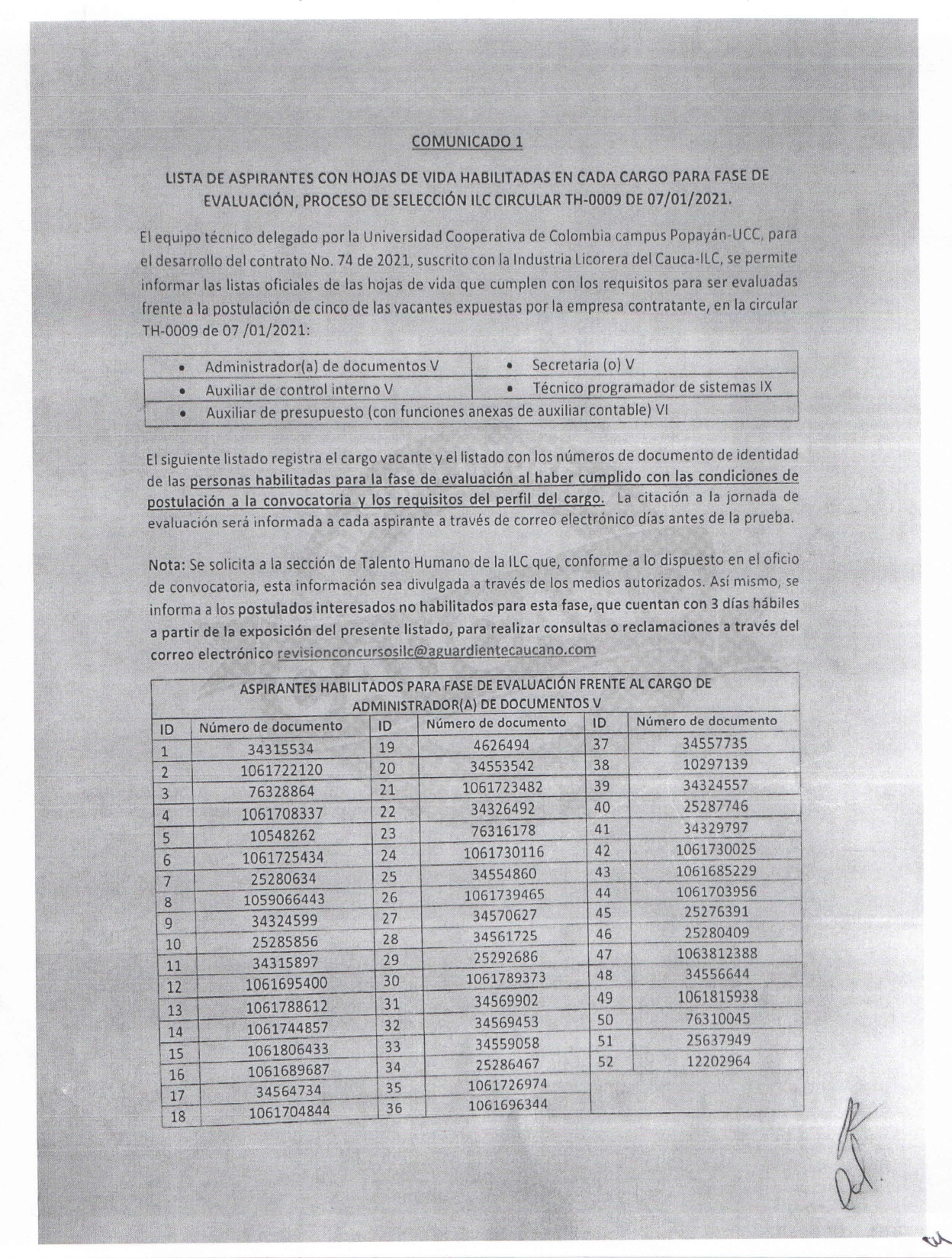 LISTADO DE ASPIRANTES HABILITADOS PARA PRESENTACIÓN DE PRUEBAS ( CONCURSO EXTERNO ILC).